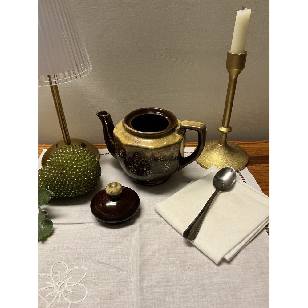 Vintage Japanese Ceramic Teapot Brown Drip Glaze Hand Painted Floral Hexagonal - Picture 4 of 11
